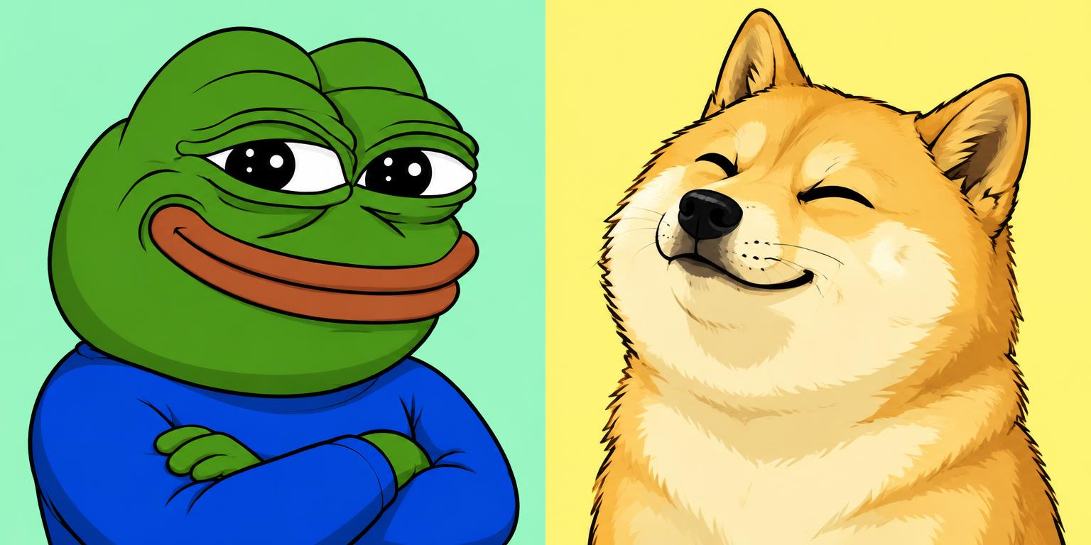 Smiling Pepe in a blue shirt alongside a happy Doge